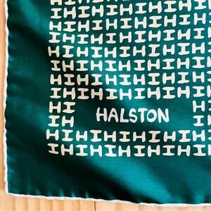 UNWORN 70s Halston Silk Scarf Forest Green Monogram Logo Print